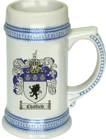 Chatfield family crest stein coat of arms tankard mug