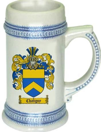 Chatigny family crest stein coat of arms tankard mug