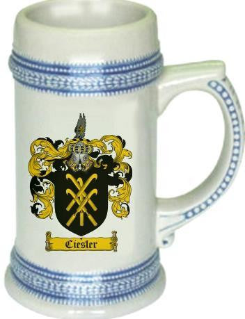 Ciesler family crest stein coat of arms tankard mug