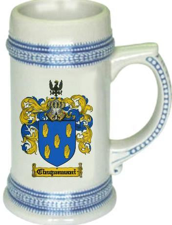 Cinquemani family crest stein coat of arms tankard mug