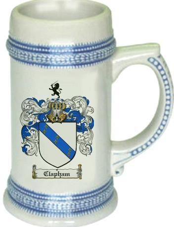 Clapham family crest stein coat of arms tankard mug