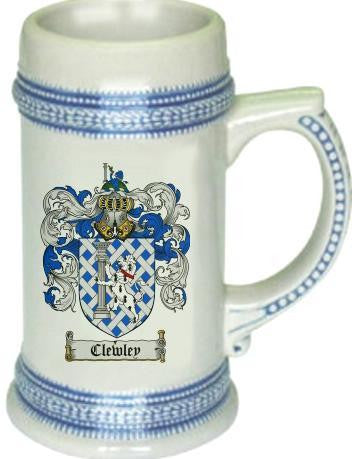 Clewley family crest stein coat of arms tankard mug