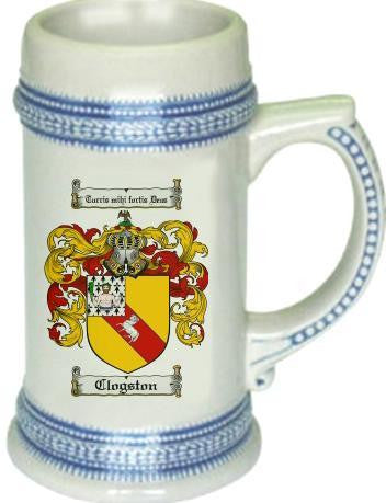 Clogston family crest stein coat of arms tankard mug