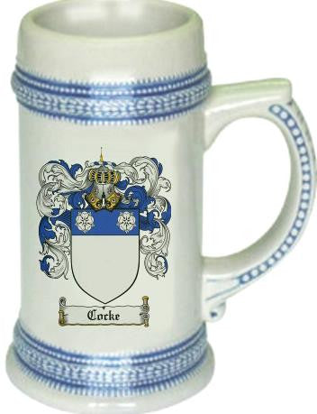 Cocke family crest stein coat of arms tankard mug