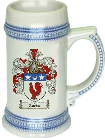 Cocks family crest stein coat of arms tankard mug