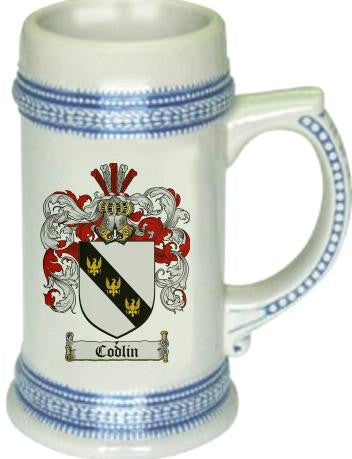 Codlin family crest stein coat of arms tankard mug