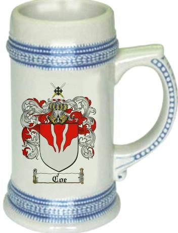 Coe family crest stein coat of arms tankard mug