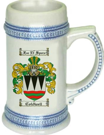 Coldwell family crest stein coat of arms tankard mug