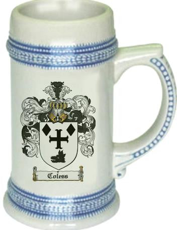 Coless family crest stein coat of arms tankard mug