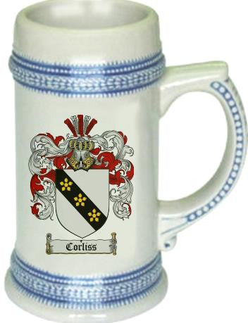 Corliss family crest stein coat of arms tankard mug