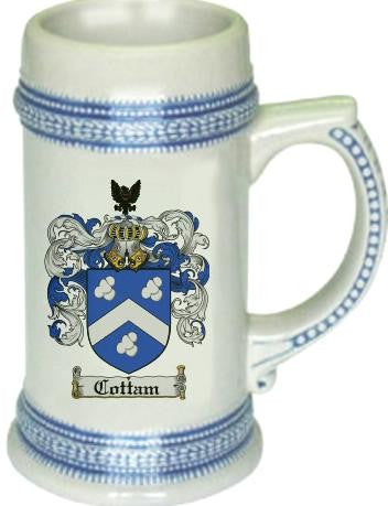 Cottam family crest stein coat of arms tankard mug
