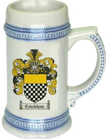 Cowlshaw family crest stein coat of arms tankard mug