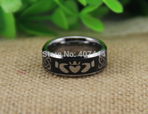 Free Shipping USA UK Canada Russia Brazil Hot Sales 8MM Silver Beveled IRISH CLADDAGH Men's New Fashion Tungsten Wedding Rings