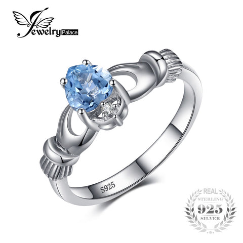 JewelryPalace Natural Aquamarine Irish Claddagh Ring Solid 925 Sterling Silver Love Heart Women Fine Gemstone Engagament Jewelry