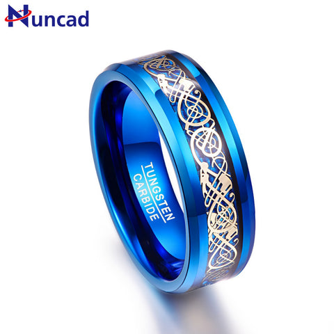 Nuncad Men's 8mm Blue Tungsten Carbide Wedding Band Rings Gold Celtic Dragon Blue Carbon Fiber Beveled Edge