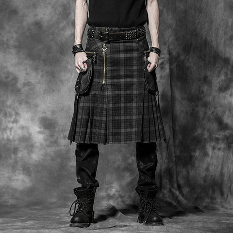 Brown Gothic Punk Scottish Kilt Costume Double Pockets Men Skirts Belt Lattice Plait Skirt Skirts Bilateral Pocket Chain Skirts