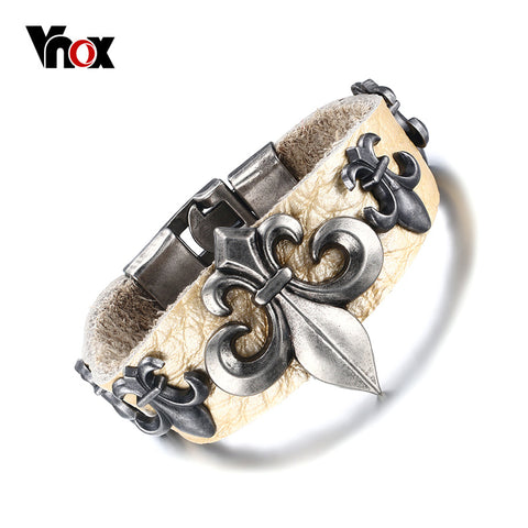 Vnox Men's Wide Alloy Genuine Leather Bracelet Bangle Cuff Light Yellow Celtic Medieval Cross