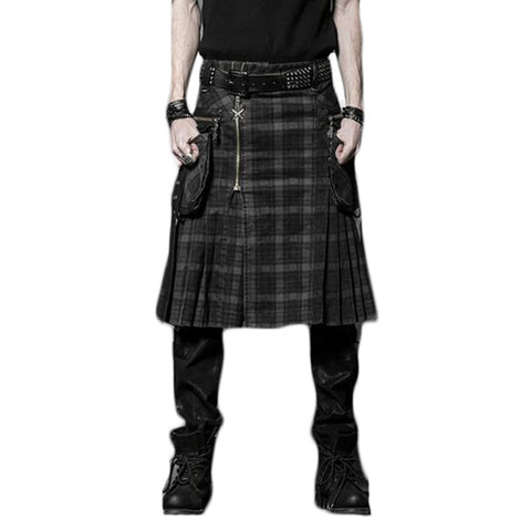 Punk New Winter Men Loose Skirt Trousers With Pockets Grey Pants Gothic Ghost Head Zipper Pants Scotland Tartan Trousers